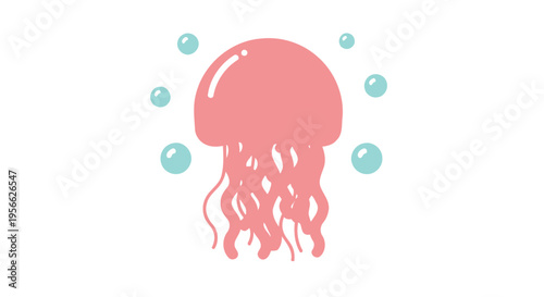 A pink jellyfish floats with bubbles in a white background.