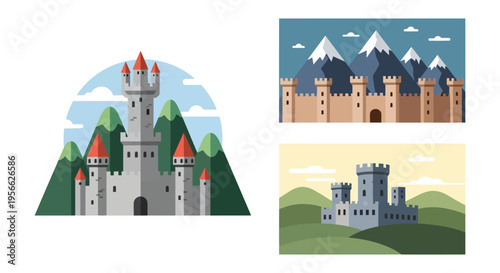 A colorful illustration depicts various castle designs against mountainous and natural backgrounds a striking silhouette high quality professional detailed modern elegant
