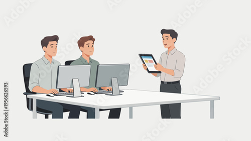 office workers with computers and tablet