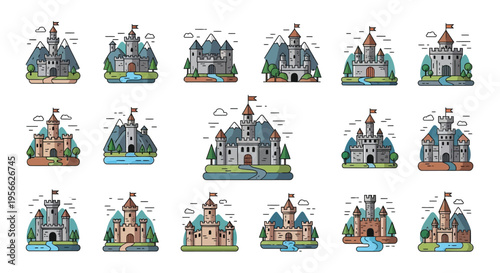 A colorful collection of fairytale castles and mountainous landscapes depicted in a flat illustrative style silhouette high quality professional detailed modern