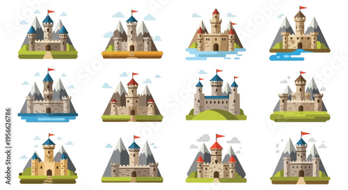 A colorful arrangement of fairytale castles and mountainous islands depicted in a flat illustrative style silhouette high quality professional detailed modern