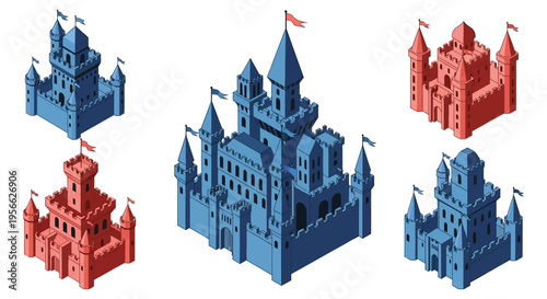 Isometric view of colorful castle structures arranged against a white background featuring a distinct silhouette high quality professional detailed modern elegant