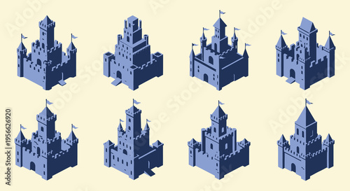 Isometric view of multiple blue castles with red flags arranged on a pale yellow background silhouette high quality professional detailed