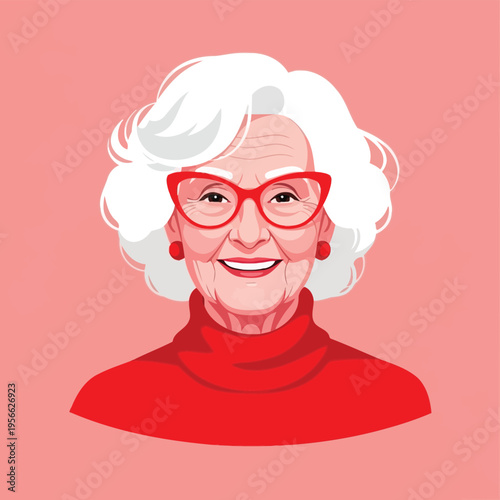 A smiling elderly woman wearing red glasses and a red turtleneck sweater.