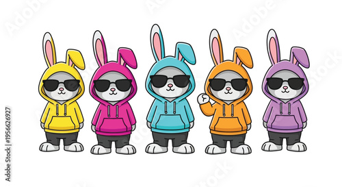 Five cartoon rabbits wearing hoodies and sunglasses in a row