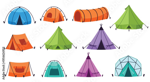 Colorful collection of various cartoon style tents and shelters displayed together