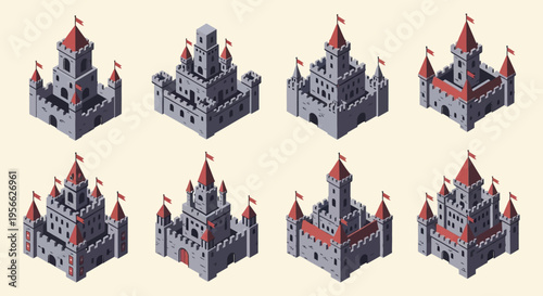 Isometric view of six medieval castles with red roofs and detailed stonework presented as a dark silhouette high quality professional modern