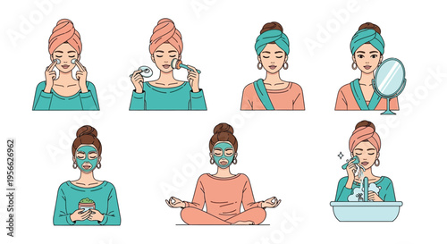 Women engaging in various self care routines and skincare steps