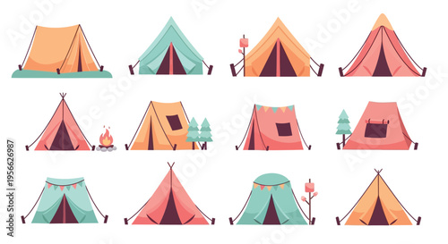 Colorful collection of cartoon tents and camping elements on a white background