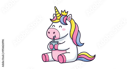 A cute cartoon unicorn sits and drinks from a cup with a straw.