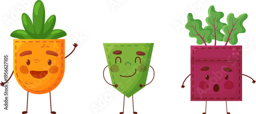Set carrot cucumber beet shaped patch pocket. Character pocket carrot cucumber beet. Cartoon style. Isolated
