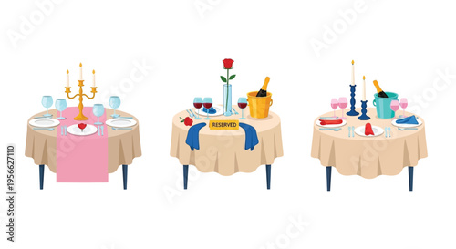 Elegant dinner table settings with glassware candles and celebratory drinks