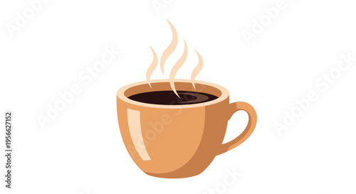 A steaming cup of coffee sits on a white background.