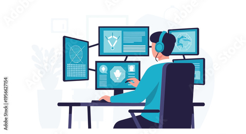 A person intently works at a computer station with multiple monitors displaying complex data a modern silhouette high quality professional detailed