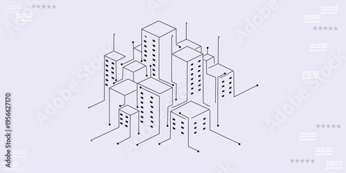 Smart city technology background with isometric connected buildings on light gray, modern digital urban network and Internet of Things concept design for banner and web