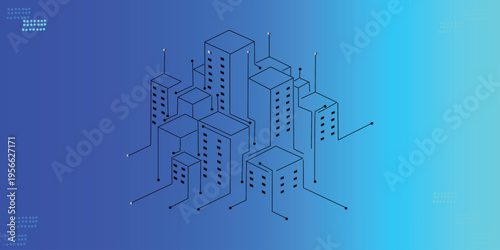 Smart city technology background with isometric connected buildings on blue gradient, modern digital urban network and Internet of Things concept design for banner