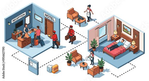 Isometric illustration of a hotel lobby room and arrival process