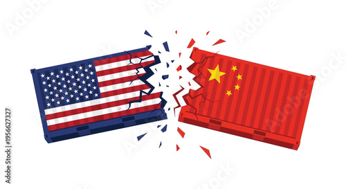 A fragmented depiction of the american and chinese flags symbolizing geopolitical tension presented as a striking silhouette high quality professional detailed