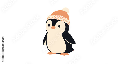 A cute cartoon penguin wearing a knitted hat stands against a white background.