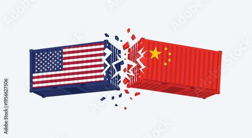A conceptual depiction of fractured trade relations between the united states and china represented as broken containers silhouette high quality professional