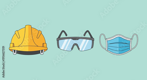 A colorful illustration depicts a hard hat safety glasses and face mask arranged on a teal background silhouette high quality professional