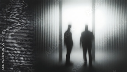Mysterious blurry silhouettes of two people in a foggy industrial corridor with static noise texture