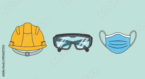 A colorful illustration depicts a hard hat safety glasses and face mask arranged horizontally as a flat design silhouette high quality