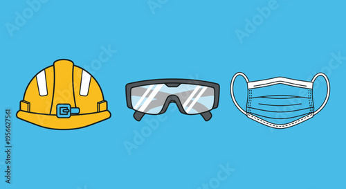A colorful illustration depicts a hard hat safety glasses and face mask against a bright blue background silhouette high quality professional