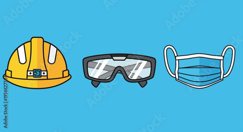 A vibrant illustration depicts a hard hat safety glasses and face mask arranged horizontally creating a protective silhouette high quality professional