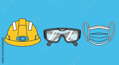A vibrant illustration showcases a construction helmet safety goggles and face mask against a blue background silhouette high quality professional detailed