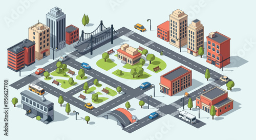 Isometric illustration of a colorful city landscape with buildings roads and parks featuring a distinct silhouette high quality professional detailed modern