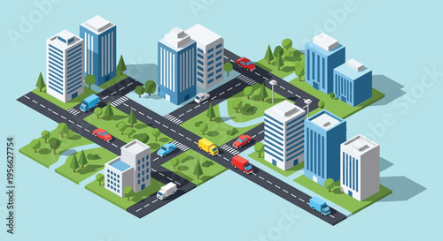 Isometric cityscape illustration depicts modern buildings roads and vehicles in a geometric arrangement a striking silhouette high quality professional detailed elegant