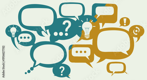 Colorful speech bubbles and icons.