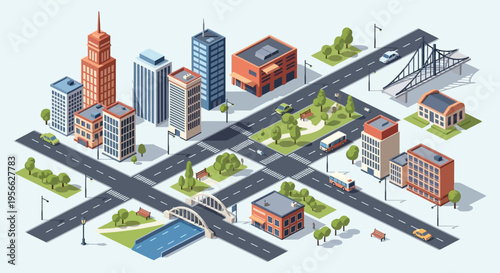 Isometric cityscape illustration showcasing buildings roads trees and vehicles rendered in a striking silhouette high quality professional detailed modern elegant stylish