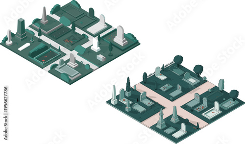 isometric cemetery illustration, graveyard landscape with tombstones and monuments, memorial park design, burial site environment, peaceful resting place vector