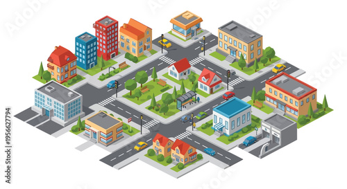 Isometric illustration depicting a colorful city landscape with buildings roads and trees presented as a silhouette high quality professional detailed modern