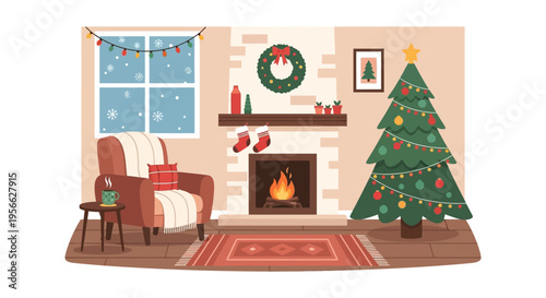 A cozy living room scene decorated for christmas with a fireplace tree and festive ornaments silhouette high quality professional detailed