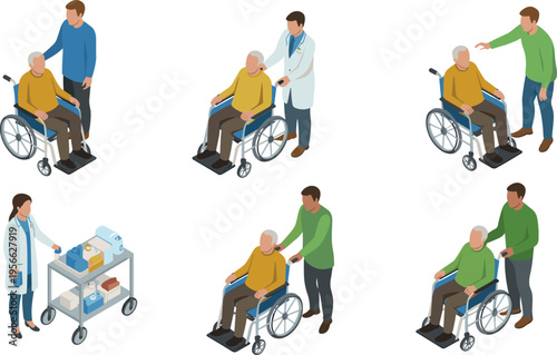 isometric medical care illustration set, healthcare workers assisting elderly patients, wheelchair support scenes, hospital service concept, caregiving vector collection