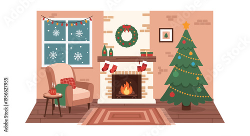 A cozy christmas living room scene with decorations a fireplace and a christmas tree silhouette high quality professional detailed modern elegant