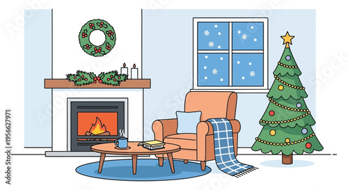 A cozy living room scene with a fireplace christmas tree and wreath depicted in a flat silhouette high quality professional detailed