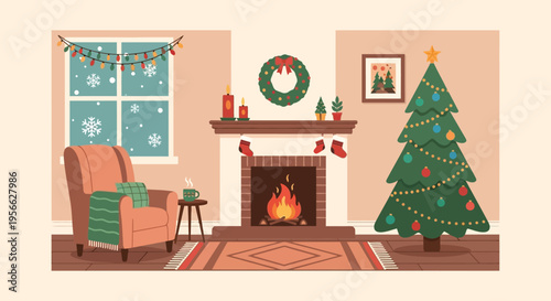 A cozy living room scene decorated for christmas with a brightly lit fireplace and festive ornaments silhouette high quality professional detailed