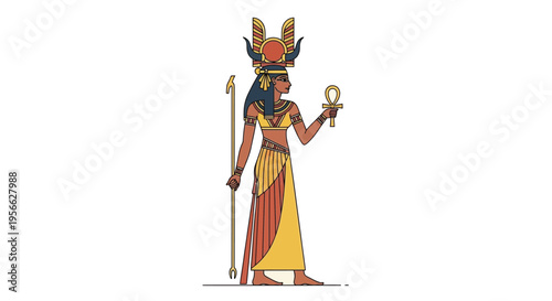 Ancient Egyptian goddess Isis stands with a staff and an ankh symbol.