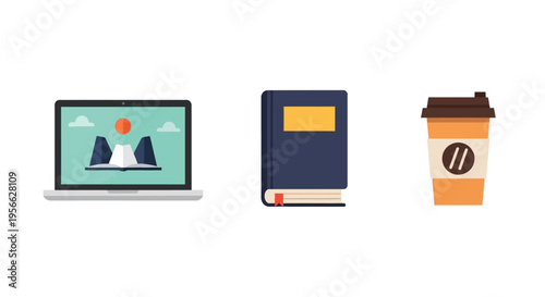 Minimalistic flat design of laptop, book, and coffee cup icons
