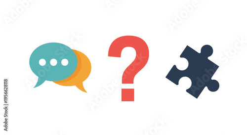 Colorful icons of communication, questions, and problem solving on white background