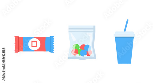 Colorful snack and beverage icons: candy bar, gummies, and drink cup