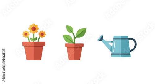 Flat design gardening elements with flower pots and watering can