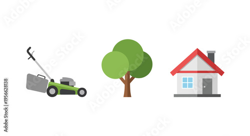 Garden equipment with tree and house icons in flat design
