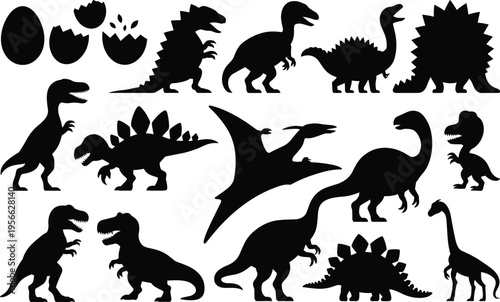 Dinosaur silhouette illustration, diverse prehistoric species including Tyrannosaurus, Brachiosaurus, Stegosaurus, Pterosaur, and eggs in various poses, paleontology 