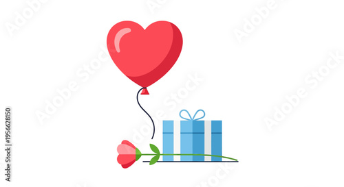 Heart balloon with gift box and rose for celebrations
