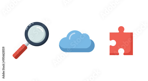 Magnifying glass, cloud, and puzzle piece isometric icons